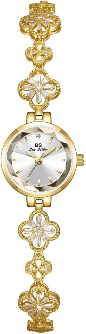 Gosasa Vintage Gold Watch for Women Four-Leaf Clover Diamond Women’s Bracelet Watch Stainless Steel Elegant Dainty Small Ladies Dress Wrist Watch Waterproof Luxury Gift