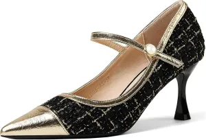 GOSERCE Women's Kitten Pumps Mary Jane Pearl Buckle Glitter Sparkly Strap Splicing Patent Pointed Toe High Heel Formal Dress Prom Work Office Herls Shoes