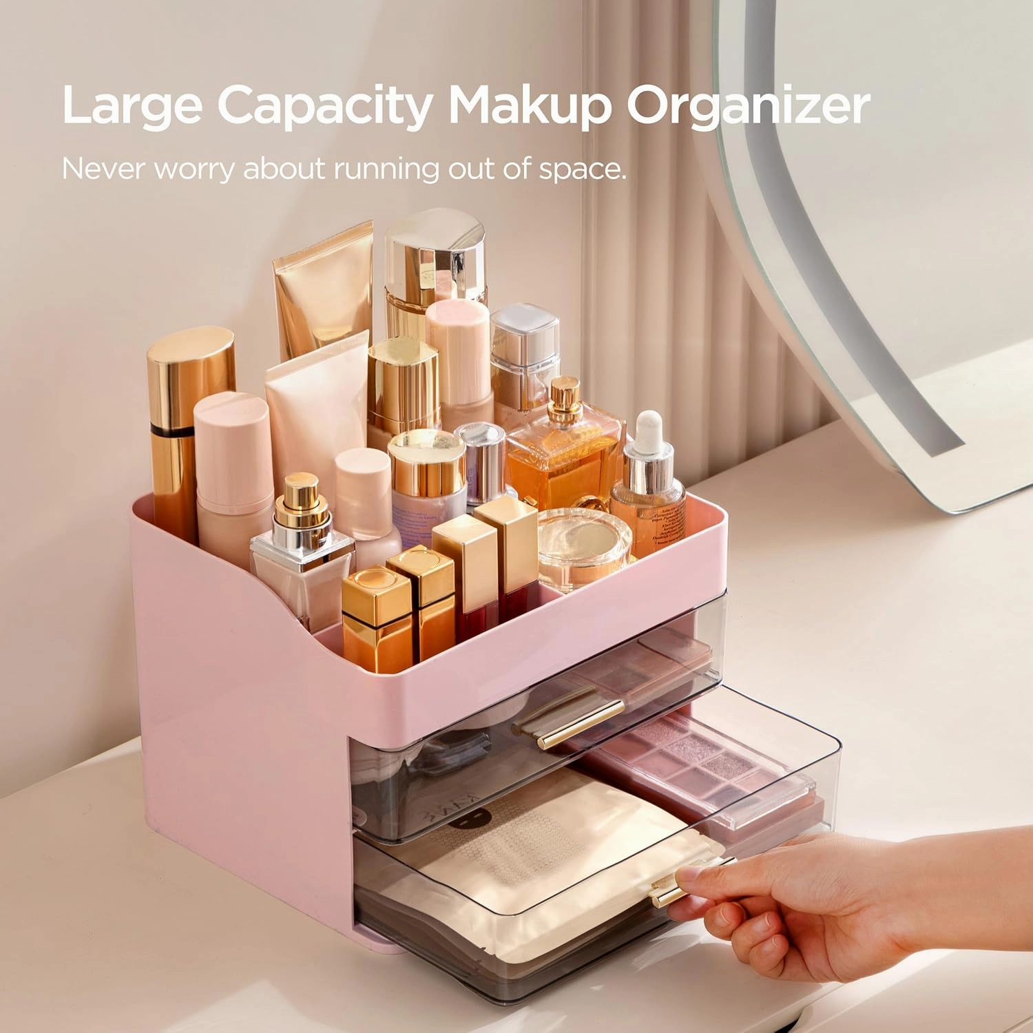 HBlife Makeup Organizer for Vanity with 2 Drawers, Large Plastic Bathroom Countertop Cosmetics Organizer Skin Care Storage, Easy to Store Lipsticks, Nail Polishes, Perfumes, Eyeshadow Palettes, Pink