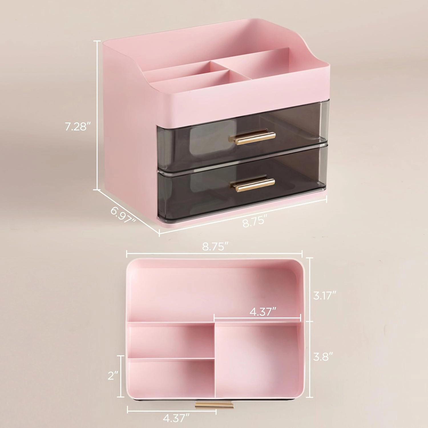 HBlife Makeup Organizer for Vanity with 2 Drawers, Large Plastic Bathroom Countertop Cosmetics Organizer Skin Care Storage, Easy to Store Lipsticks, Nail Polishes, Perfumes, Eyeshadow Palettes, Pink