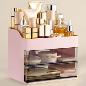 HBlife Makeup Organizer for Vanity with 2 Drawers, Large Plastic Bathroom Countertop Cosmetics Organizer Skin Care Storage, Easy to Store Lipsticks, Nail Polishes, Perfumes, Eyeshadow Palettes, Pink