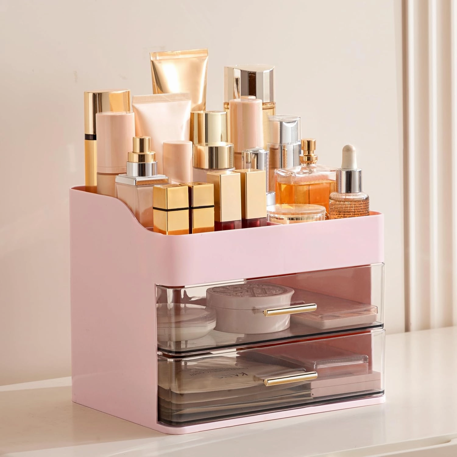 HBlife Makeup Organizer for Vanity with 2 Drawers, Large Plastic Bathroom Countertop Cosmetics Organizer Skin Care Storage, Easy to Store Lipsticks, Nail Polishes, Perfumes, Eyeshadow Palettes, Pink