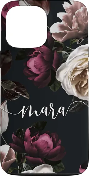 iPhone 13 Pro Max Mara - Elegant Floral Rose & Peony Personalized Name Case