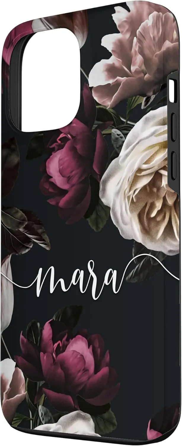 iPhone 13 Pro Max Mara - Elegant Floral Rose & Peony Personalized Name Case