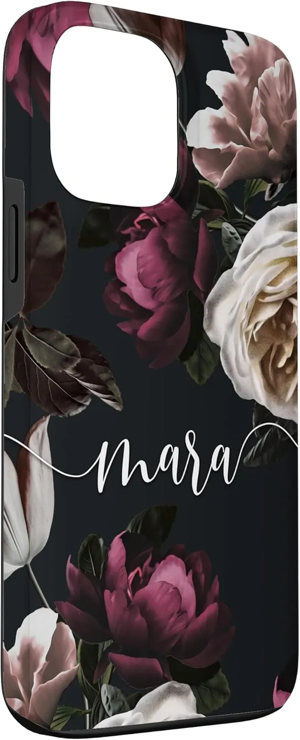 iPhone 13 Pro Max Mara - Elegant Floral Rose & Peony Personalized Name Case