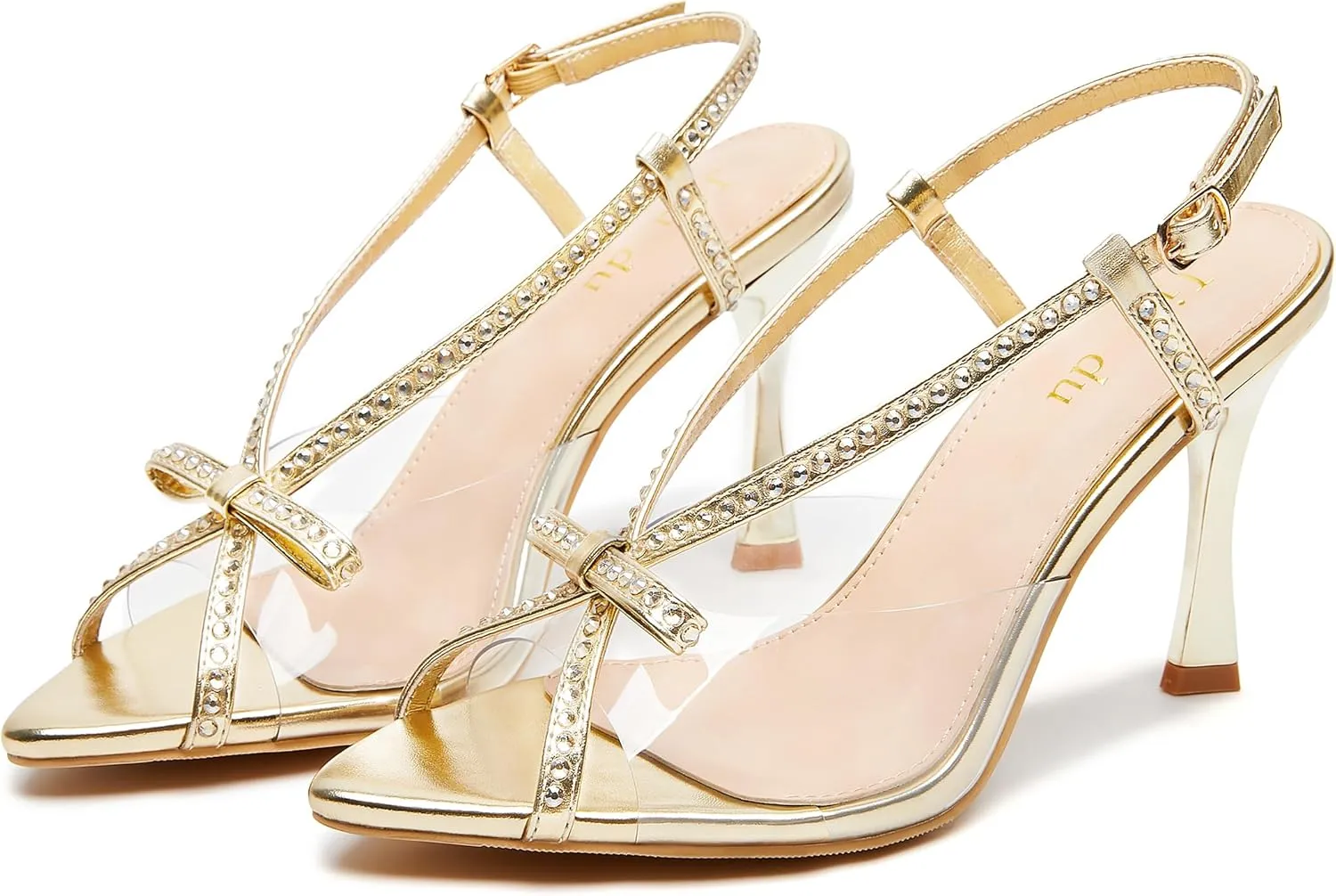 Jiu du Women's Bow Heels Pointed Open Toe Rhiestone Heeled Sandals Slingback High Heels Party Wedding Dressy Pumps