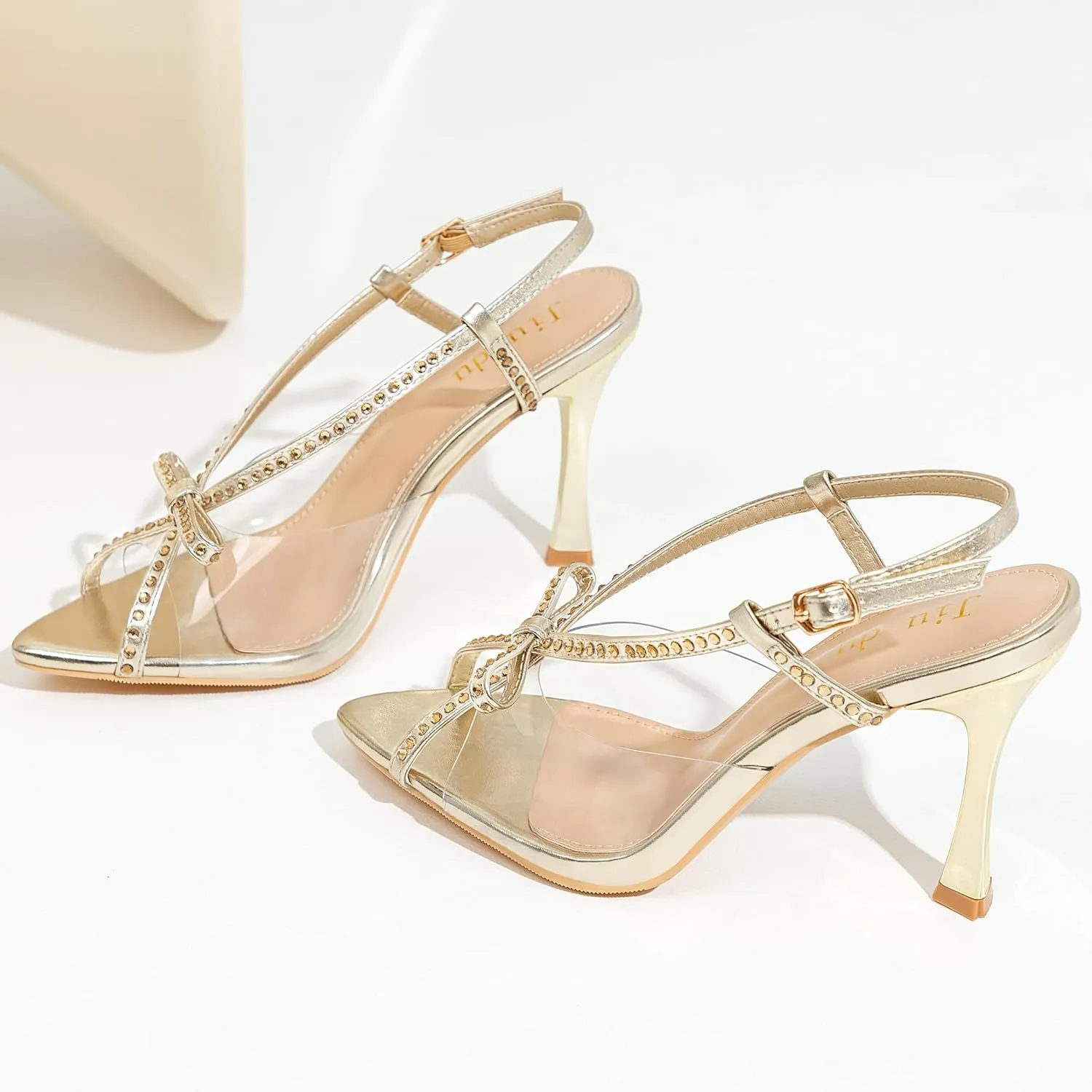 Jiu du Women's Bow Heels Pointed Open Toe Rhiestone Heeled Sandals Slingback High Heels Party Wedding Dressy Pumps