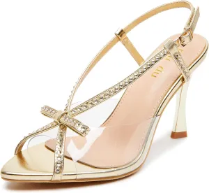 Jiu du Women's Bow Heels Pointed Open Toe Rhiestone Heeled Sandals Slingback High Heels Party Wedding Dressy Pumps