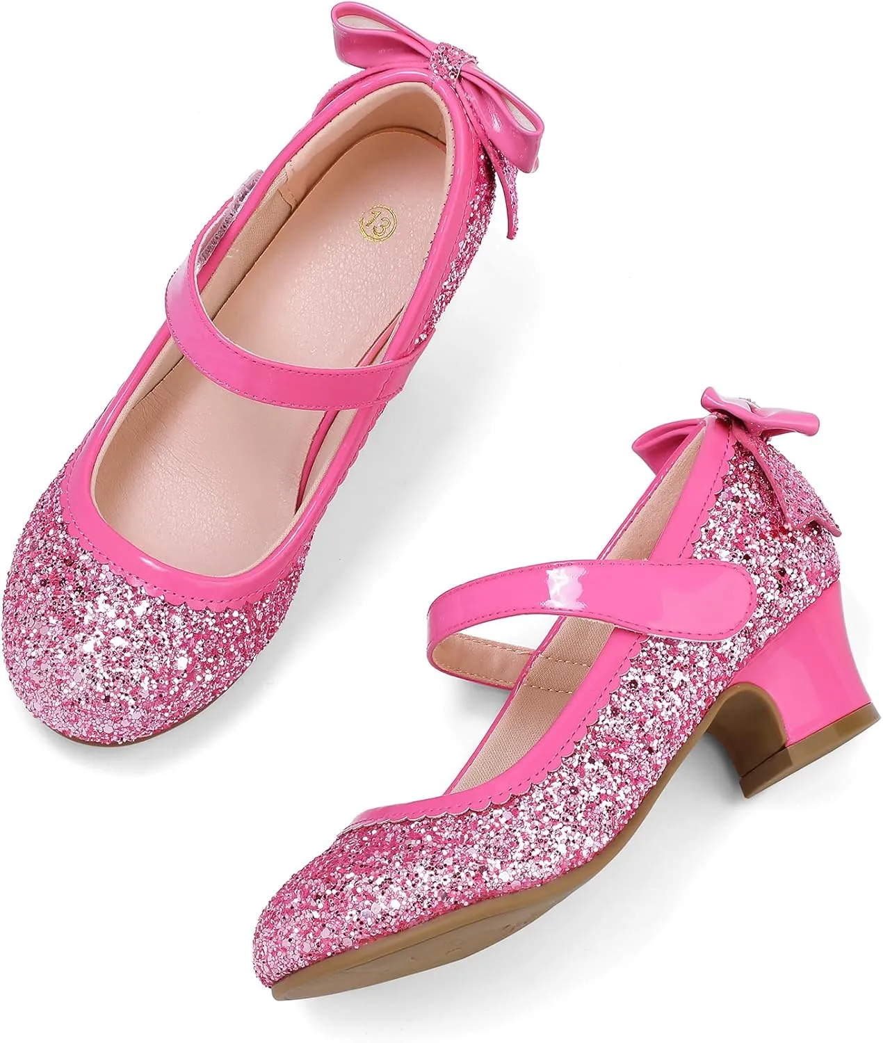 K KomForme Girls Dress Shoes Glitter Mary Jane Pumps with Bow, Low Heel Party Wedding Princess Shoes (Toddler/Little Kids/Big Kids)