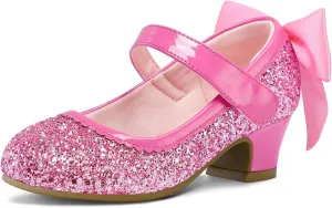 K KomForme Girls Dress Shoes Glitter Mary Jane Pumps with Bow, Low Heel Party Wedding Princess Shoes (Toddler/Little Kids/Big Kids)