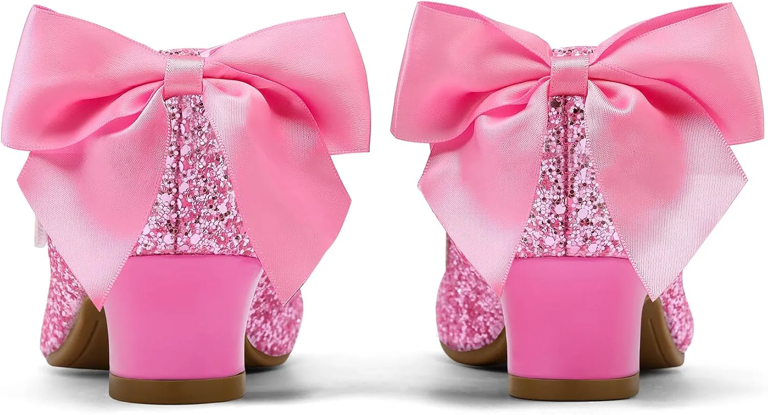 K KomForme Girls Dress Shoes Glitter Mary Jane Pumps with Bow, Low Heel Party Wedding Princess Shoes (Toddler/Little Kids/Big Kids)
