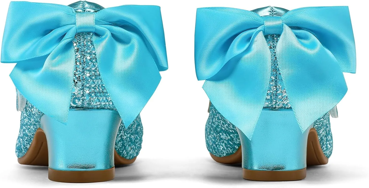 K KomForme Girls Dress Shoes Glitter Mary Jane Pumps with Bow, Low Heel Party Wedding Princess Shoes (Toddler/Little Kids/Big Kids)