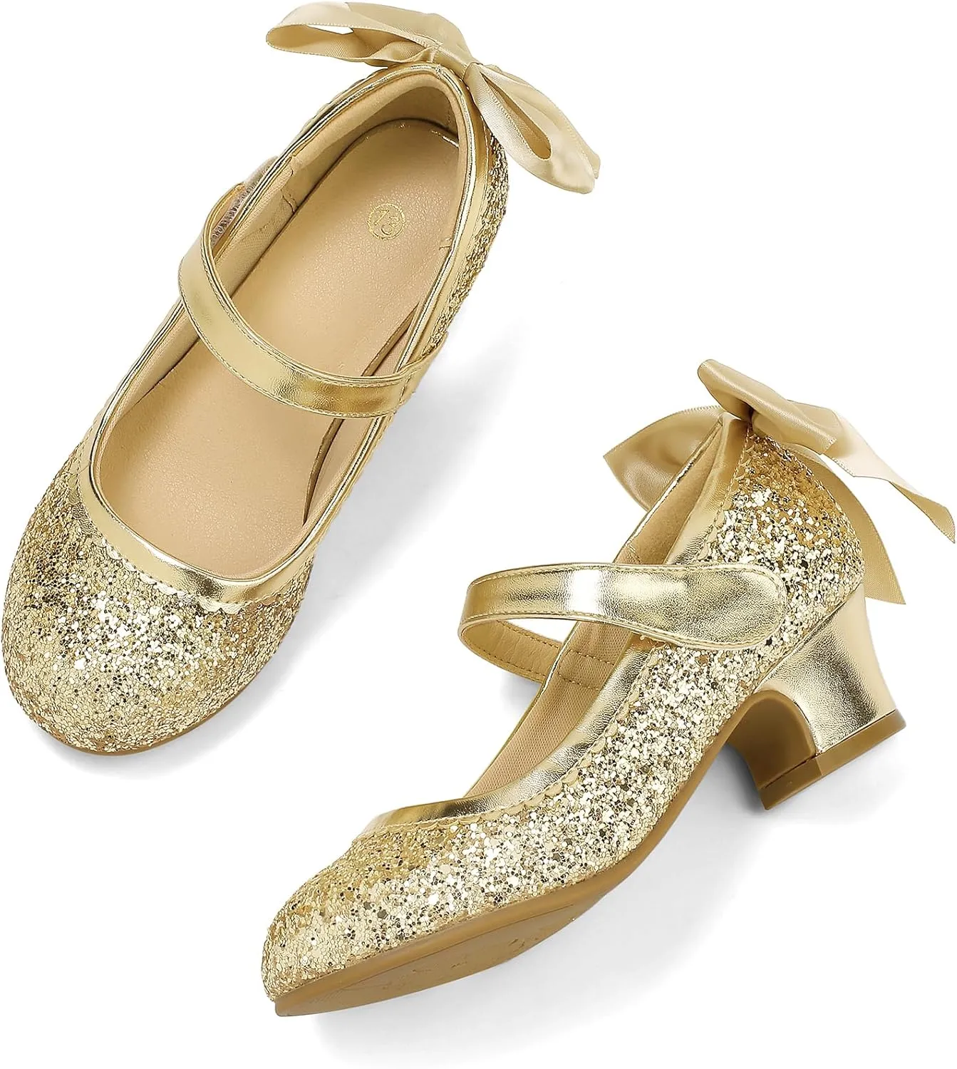 K KomForme Girls Dress Shoes Glitter Mary Jane Pumps with Bow, Low Heel Party Wedding Princess Shoes (Toddler/Little Kids/Big Kids)