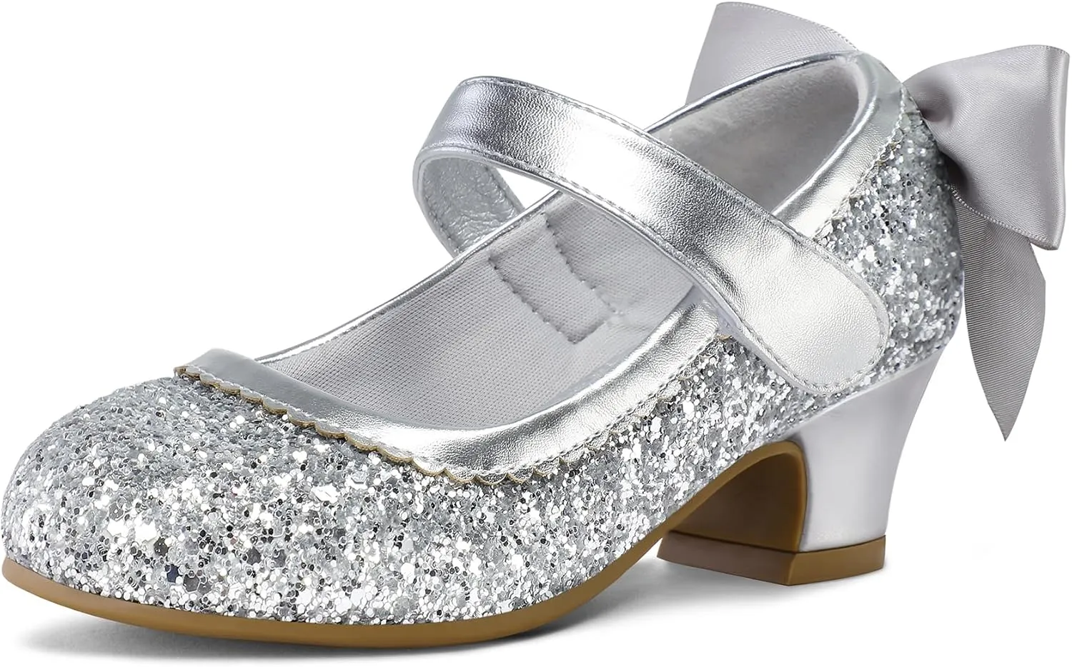 K KomForme Girls Dress Shoes Glitter Mary Jane Pumps with Bow, Low Heel Party Wedding Princess Shoes (Toddler/Little Kids/Big Kids)