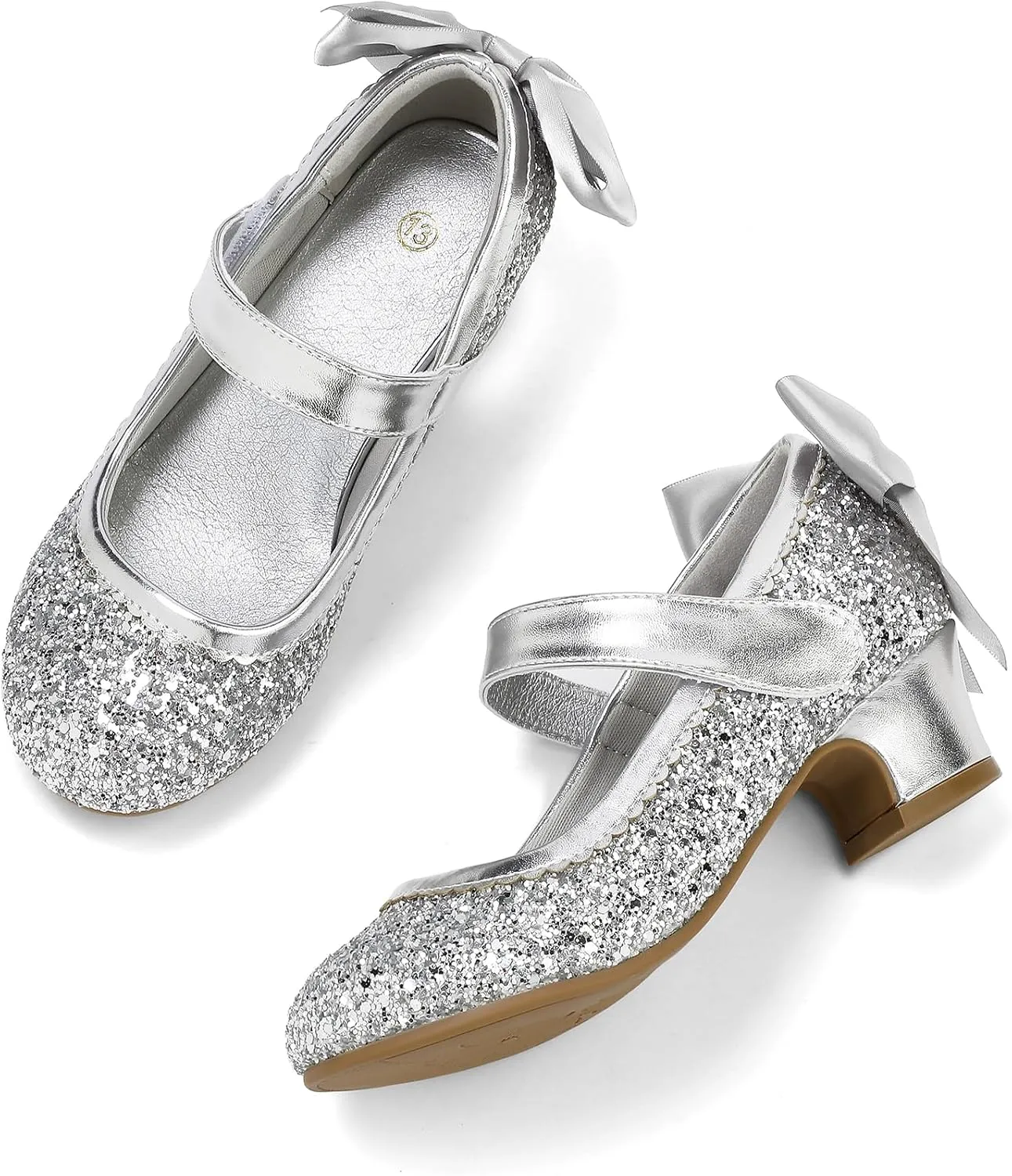 K KomForme Girls Dress Shoes Glitter Mary Jane Pumps with Bow, Low Heel Party Wedding Princess Shoes (Toddler/Little Kids/Big Kids)