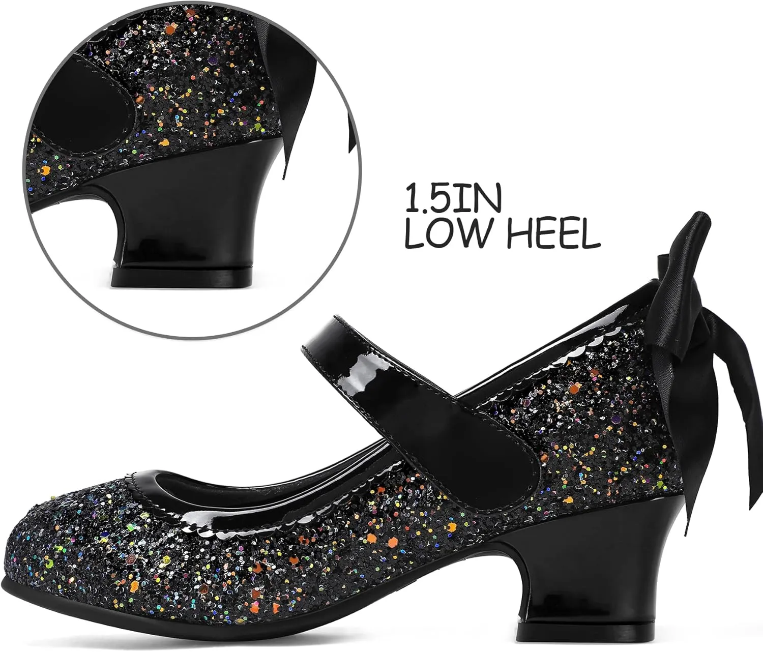 K KomForme Girls Dress Shoes Glitter Mary Jane Pumps with Bow, Low Heel Party Wedding Princess Shoes (Toddler/Little Kids/Big Kids)