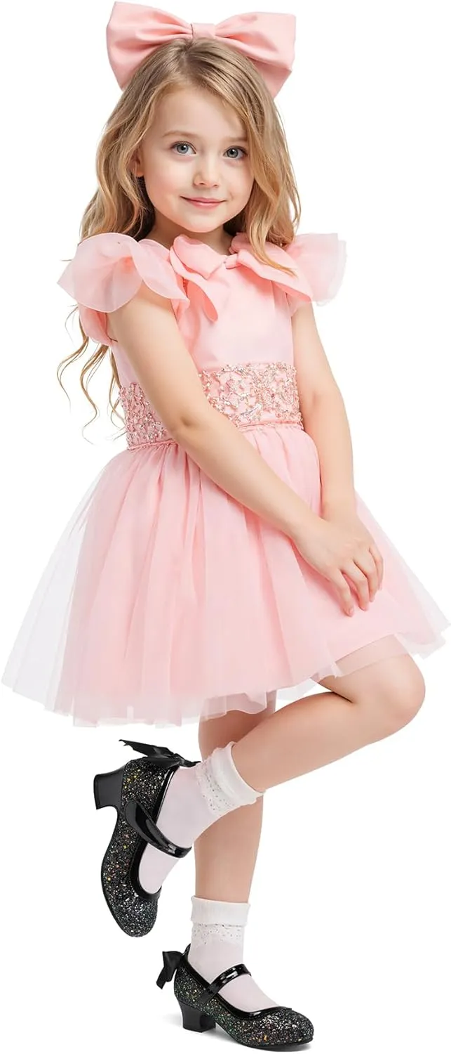K KomForme Girls Dress Shoes Glitter Mary Jane Pumps with Bow, Low Heel Party Wedding Princess Shoes (Toddler/Little Kids/Big Kids)