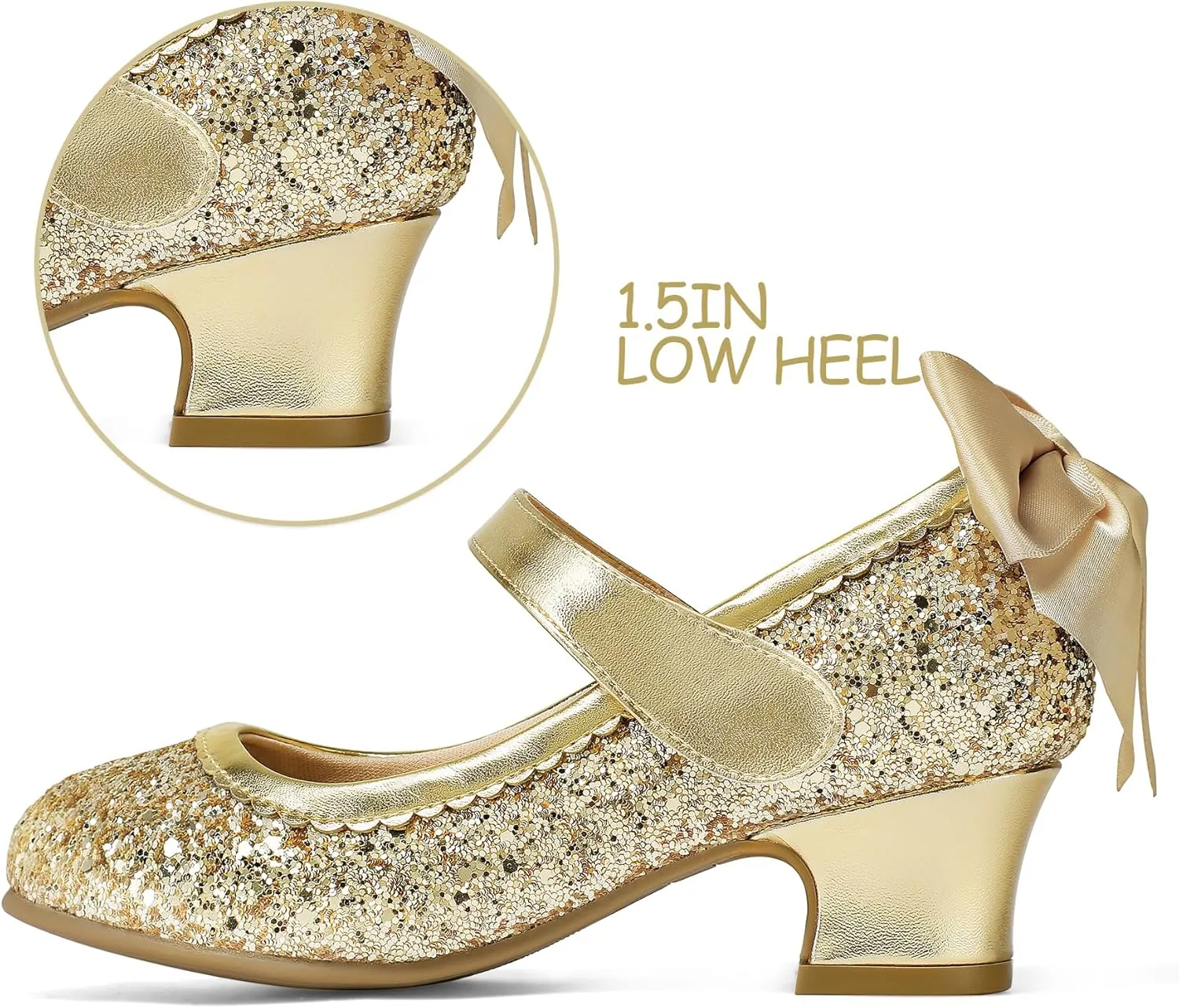K KomForme Girls Dress Shoes Glitter Mary Jane Pumps with Bow, Low Heel Party Wedding Princess Shoes (Toddler/Little Kids/Big Kids)