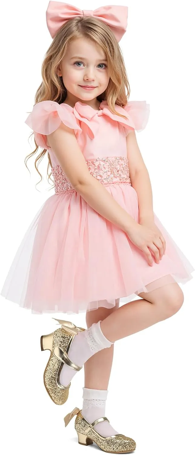 K KomForme Girls Dress Shoes Glitter Mary Jane Pumps with Bow, Low Heel Party Wedding Princess Shoes (Toddler/Little Kids/Big Kids)