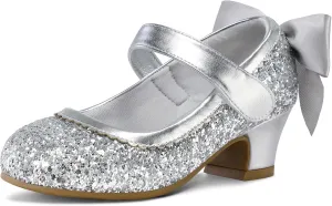 K KomForme Girls Dress Shoes Glitter Mary Jane Pumps with Bow, Low Heel Party Wedding Princess Shoes (Toddler/Little Kids/Big Kids)