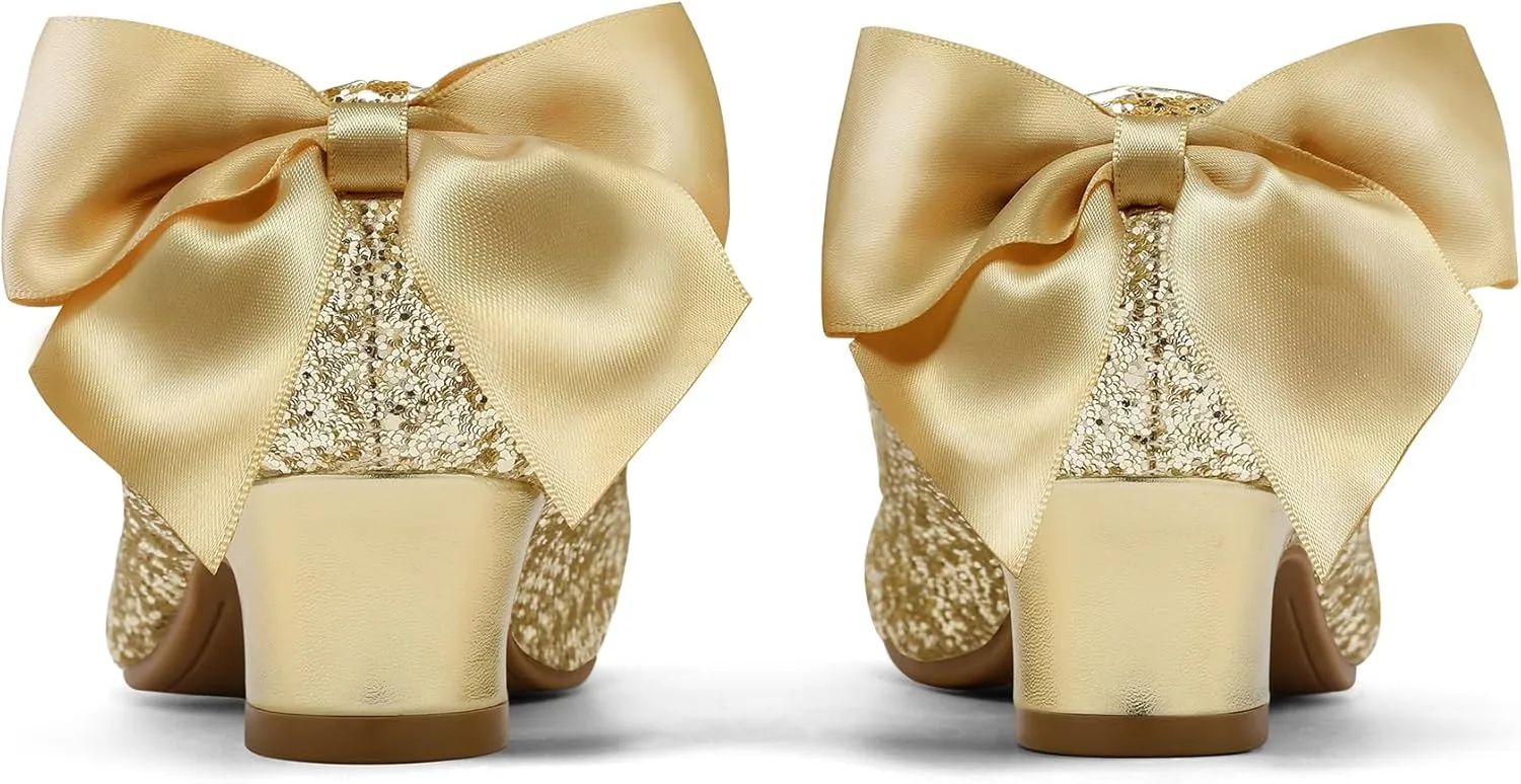 K KomForme Girls Dress Shoes Glitter Mary Jane Pumps with Bow, Low Heel Party Wedding Princess Shoes (Toddler/Little Kids/Big Kids)