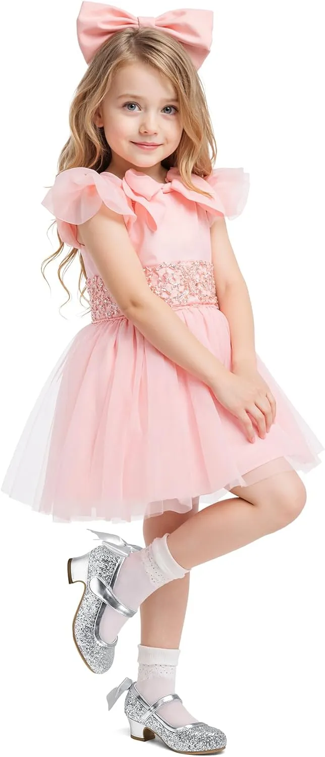 K KomForme Girls Dress Shoes Glitter Mary Jane Pumps with Bow, Low Heel Party Wedding Princess Shoes (Toddler/Little Kids/Big Kids)