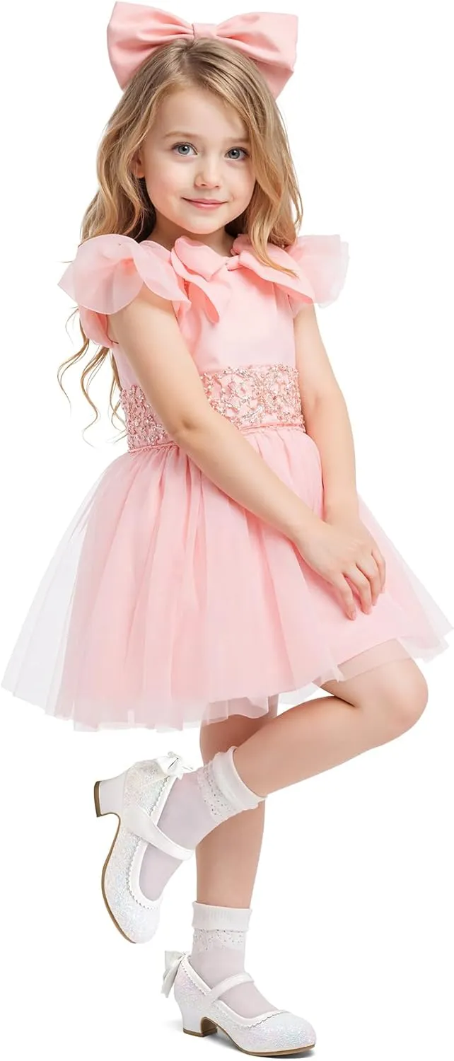 K KomForme Girls Dress Shoes Glitter Mary Jane Pumps with Bow, Low Heel Party Wedding Princess Shoes (Toddler/Little Kids/Big Kids)