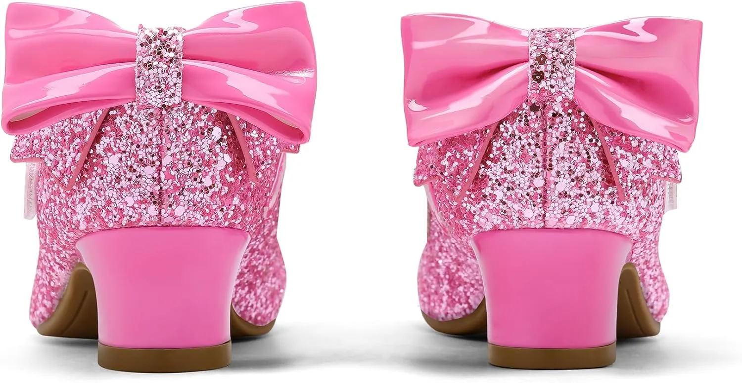 K KomForme Girls Dress Shoes Glitter Mary Jane Pumps with Bow, Low Heel Party Wedding Princess Shoes (Toddler/Little Kids/Big Kids)