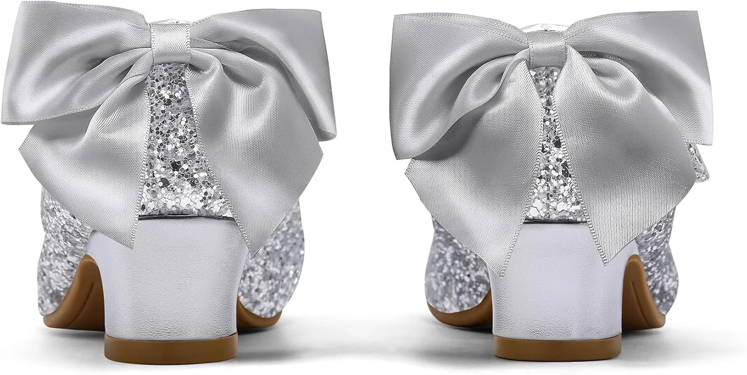K KomForme Girls Dress Shoes Glitter Mary Jane Pumps with Bow, Low Heel Party Wedding Princess Shoes (Toddler/Little Kids/Big Kids)
