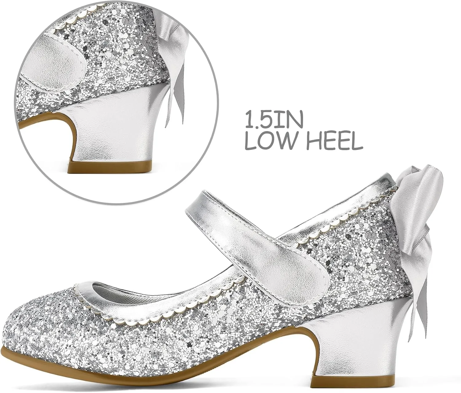 K KomForme Girls Dress Shoes Glitter Mary Jane Pumps with Bow, Low Heel Party Wedding Princess Shoes (Toddler/Little Kids/Big Kids)