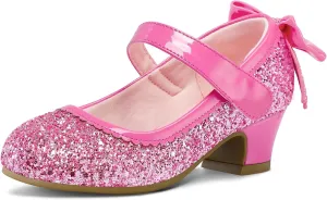 K KomForme Girls Dress Shoes Glitter Mary Jane Pumps with Bow, Low Heel Party Wedding Princess Shoes (Toddler/Little Kids/Big Kids)