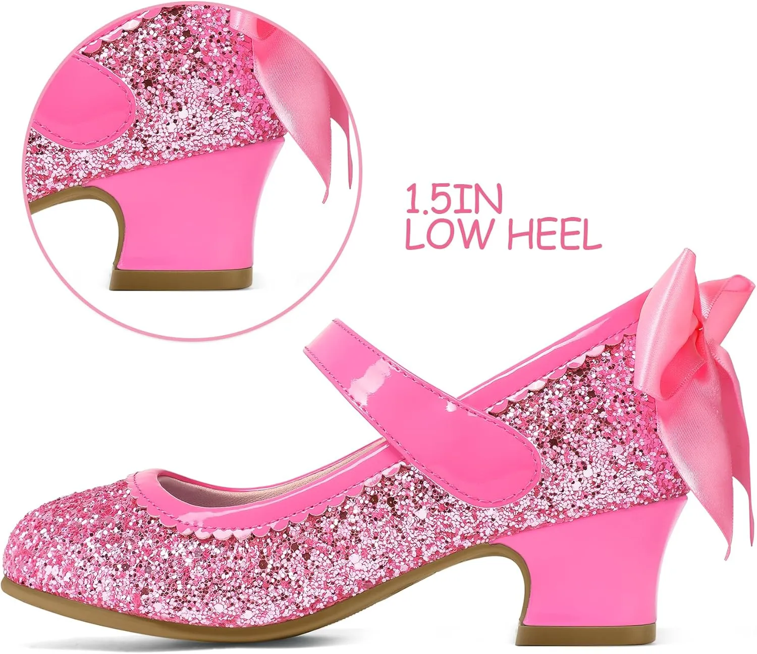 K KomForme Girls Dress Shoes Glitter Mary Jane Pumps with Bow, Low Heel Party Wedding Princess Shoes (Toddler/Little Kids/Big Kids)
