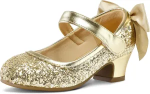 K KomForme Girls Dress Shoes Glitter Mary Jane Pumps with Bow, Low Heel Party Wedding Princess Shoes (Toddler/Little Kids/Big Kids)