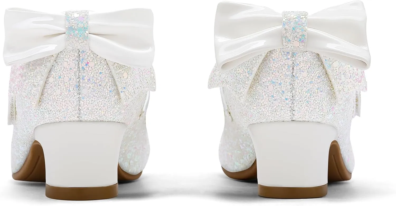 K KomForme Girls Dress Shoes Glitter Mary Jane Pumps with Bow, Low Heel Party Wedding Princess Shoes (Toddler/Little Kids/Big Kids)