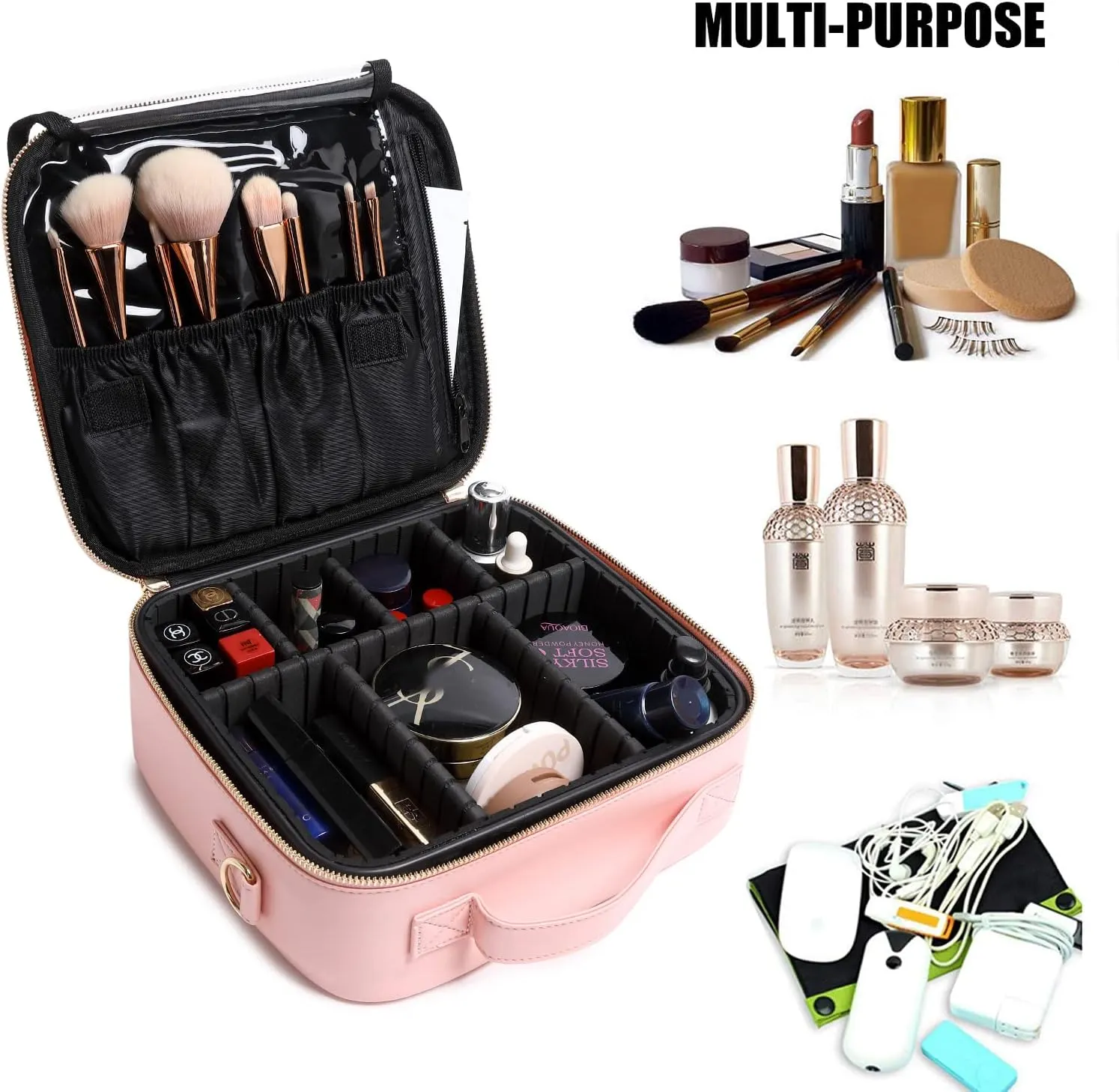 LACATTURA Travel Makeup bag, Leather Makeup Train Case Cosmetic Organizer for Makeup Brushes Toiletry Digital Accessories, Portable Artist Storage Bag With Shoulder Strap for Women Girls Pink