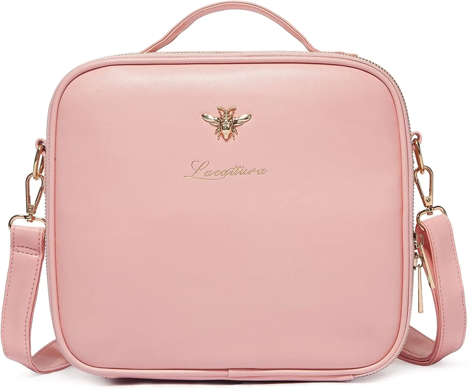 LACATTURA Travel Makeup bag, Leather Makeup Train Case Cosmetic Organizer for Makeup Brushes Toiletry Digital Accessories, Portable Artist Storage Bag With Shoulder Strap for Women Girls Pink