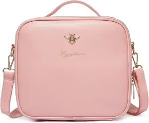 LACATTURA Travel Makeup bag, Leather Makeup Train Case Cosmetic Organizer for Makeup Brushes Toiletry Digital Accessories, Portable Artist Storage Bag With Shoulder Strap for Women Girls Pink