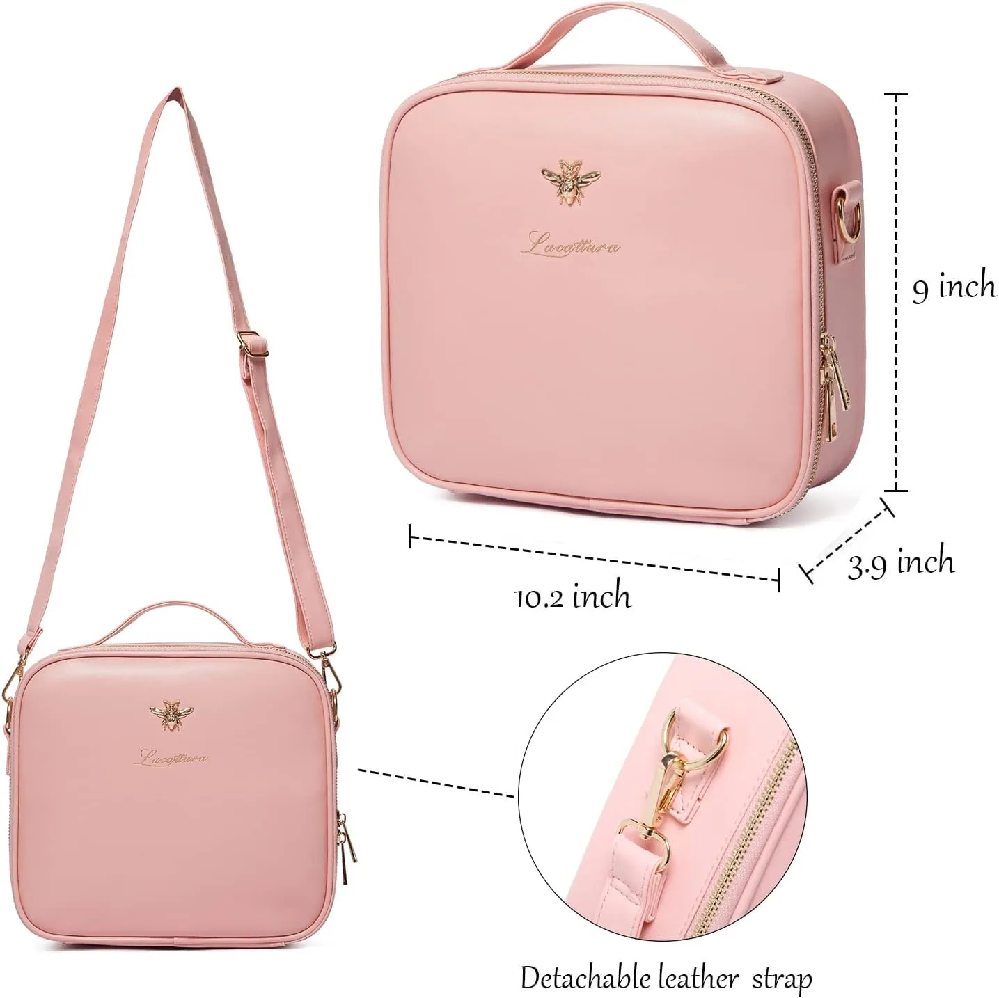 LACATTURA Travel Makeup bag, Leather Makeup Train Case Cosmetic Organizer for Makeup Brushes Toiletry Digital Accessories, Portable Artist Storage Bag With Shoulder Strap for Women Girls Pink