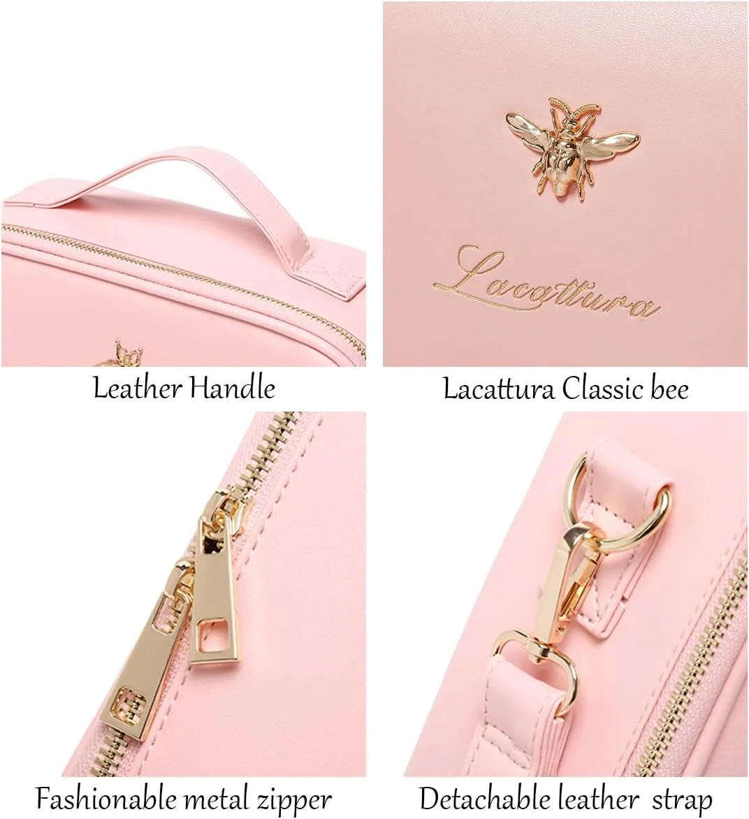 LACATTURA Travel Makeup bag, Leather Makeup Train Case Cosmetic Organizer for Makeup Brushes Toiletry Digital Accessories, Portable Artist Storage Bag With Shoulder Strap for Women Girls Pink