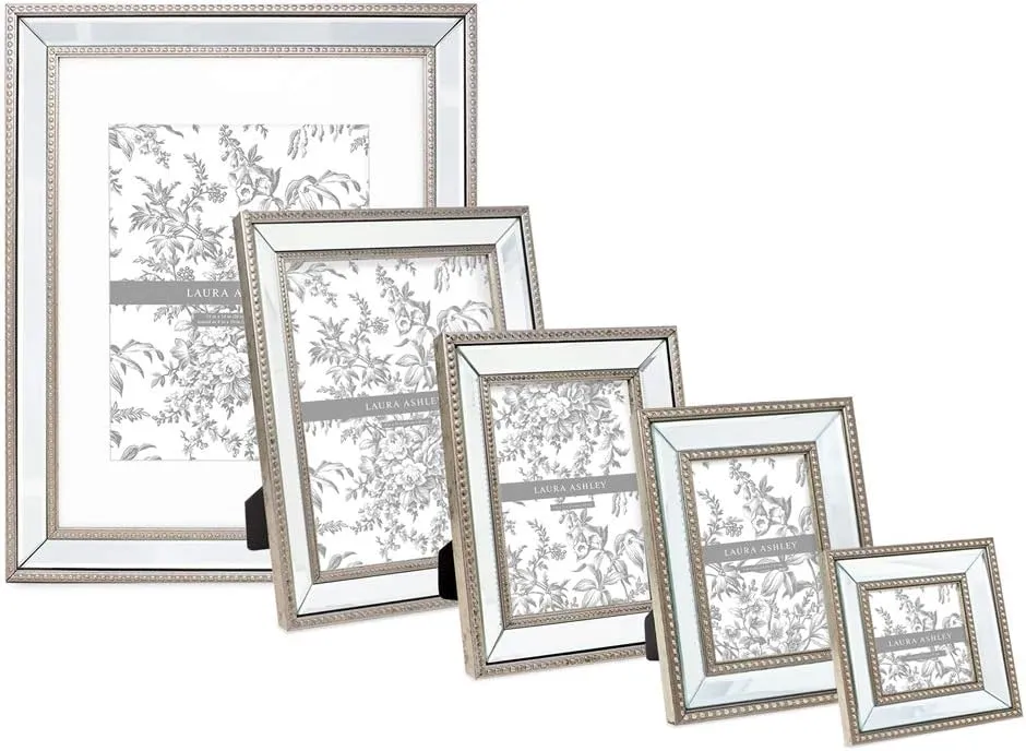 Laura Ashley 4x6 Gold Mirror Bead Picture Frame, Classic Mirrored Frame with Beaded Border, Wall-Mountable, Made for Tabletop Display, Photo Gallery and Wall Art, (4x6, Gold)