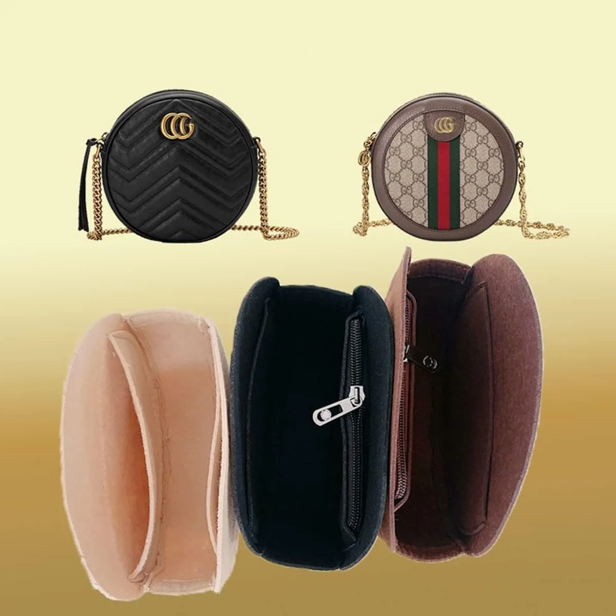 Lckaey round makeup organizer bag-Insert for round bag Applicable to old flower soft bag, support Kuqi Round bag Purse Organizer 2078GC-Beige-S