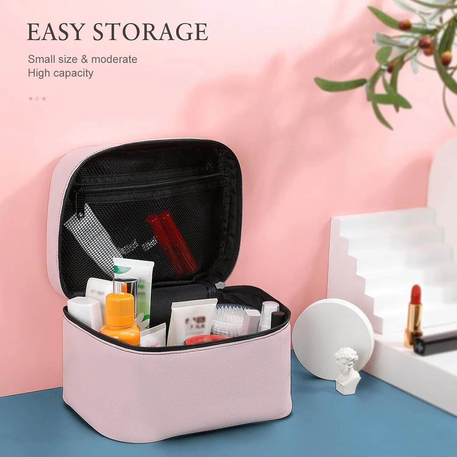 Leather Cosmetic Case, Blush Pink Portable Makeup Bag Organizer Large Capacity Travel Toiletry Bag with Zipper
