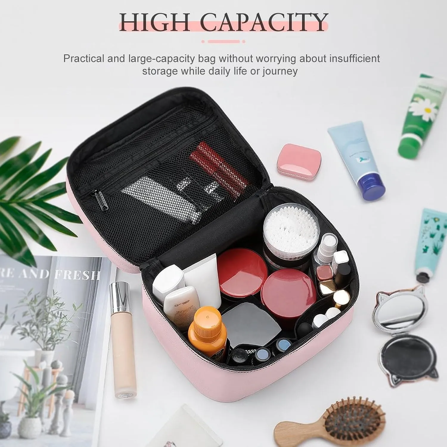 Leather Cosmetic Case, Blush Pink Portable Makeup Bag Organizer Large Capacity Travel Toiletry Bag with Zipper