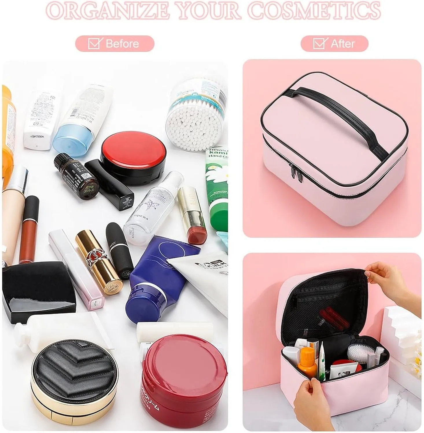 Leather Cosmetic Case, Blush Pink Portable Makeup Bag Organizer Large Capacity Travel Toiletry Bag with Zipper