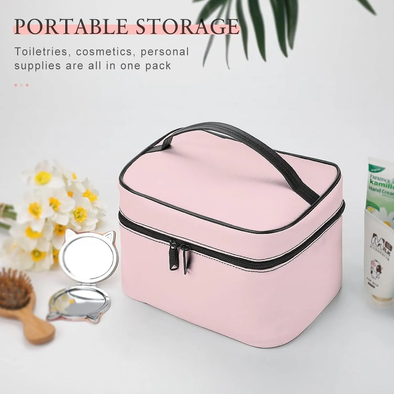 Leather Cosmetic Case, Blush Pink Portable Makeup Bag Organizer Large Capacity Travel Toiletry Bag with Zipper