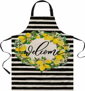 Lemon Stripes Waterproof Apron With Pockets, Vintage Black Geometric Summer Fruits Kitchen Chefs Bib Cooking BBQ Grill Bake Adjustable Aprons for Women/Kids Home Garden Grooming Painting Gardening