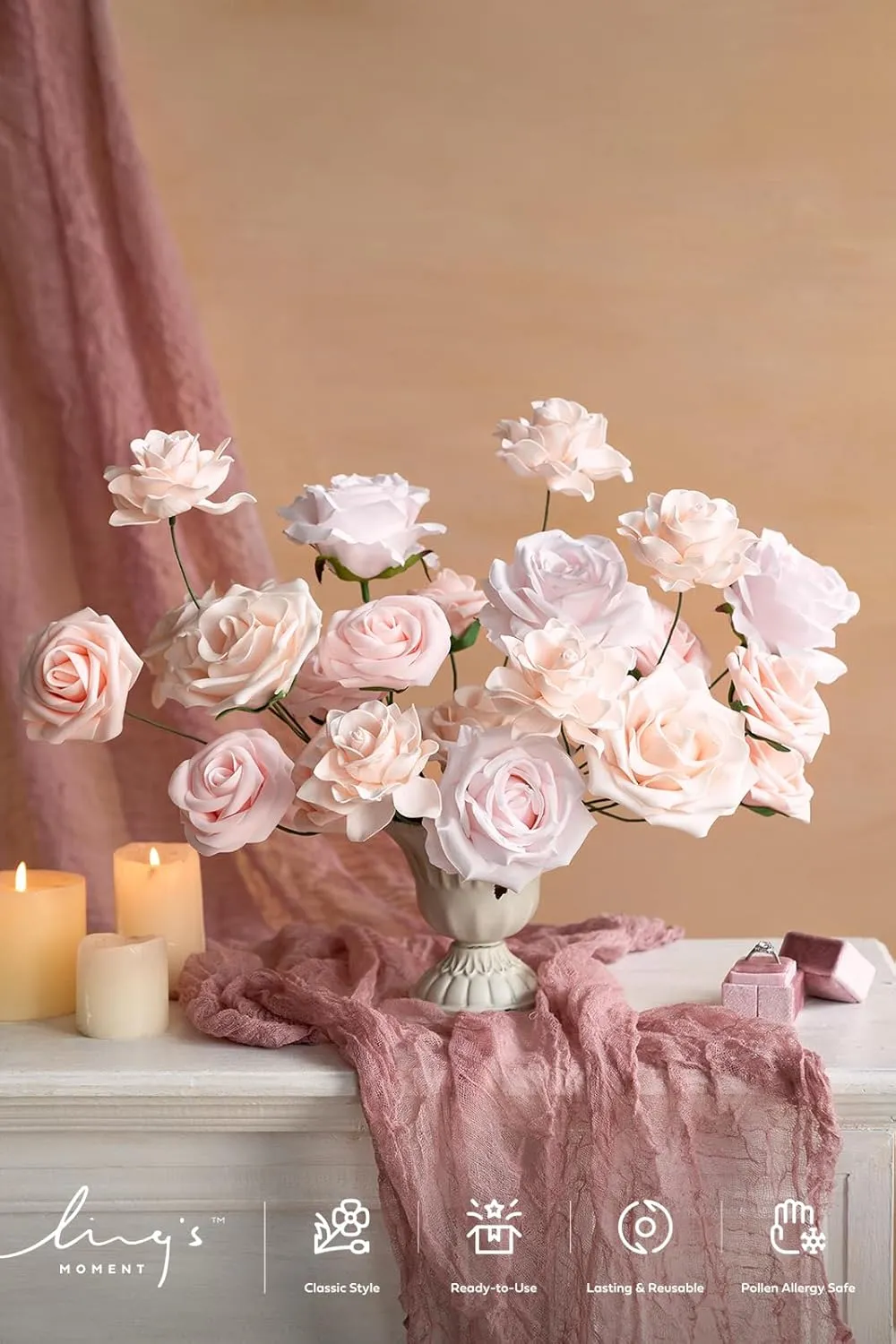 Ling's Moment Artificial Flowers Fake Silk Roses Faux Foam Gardenia Combo for DIY Wedding Bouquets Centerpieces Arrangements Bridal Shower Party Home Decorations, Pale Pink, 23pcs