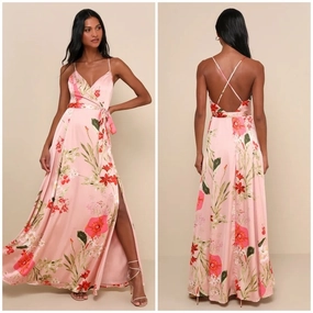 Lulu's Still the One Blush Pink Floral Print Satin Maxi Dress