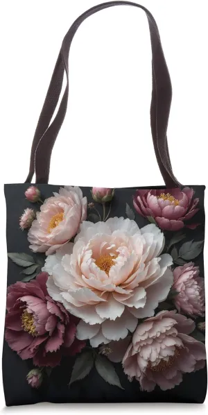 Magenta and Blush Pink Peony Flower Dark Moody Floral Tote Bag