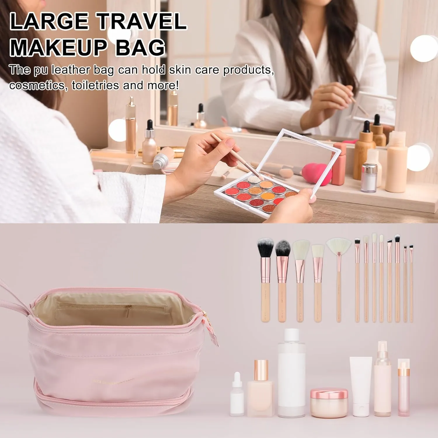 Makeup Bag, Double Layer Travel Cosmetic Bag for Women, Toiletry Bag, Waterproof and Durable Make Up Bag with Makeup Brush Storage Bag, Pink